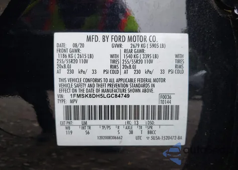 2020 Ford Explorer Xlt z USA, uszkodzony, nr VIN 1FMSK8DH5LGC84749